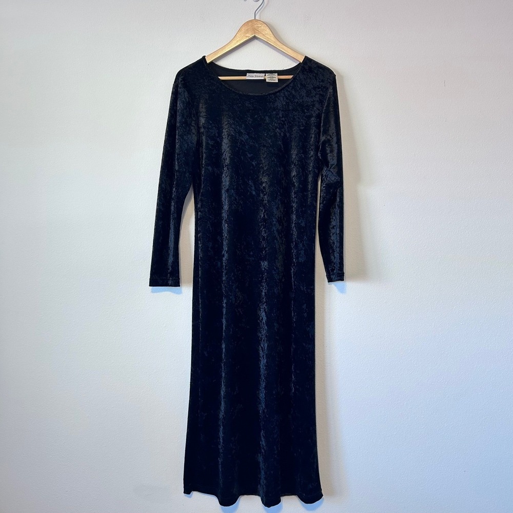 VTG Black Crushed Velvet Goth Women's Sz Medium Three Quarter‎ Sleeve Maxi Dress